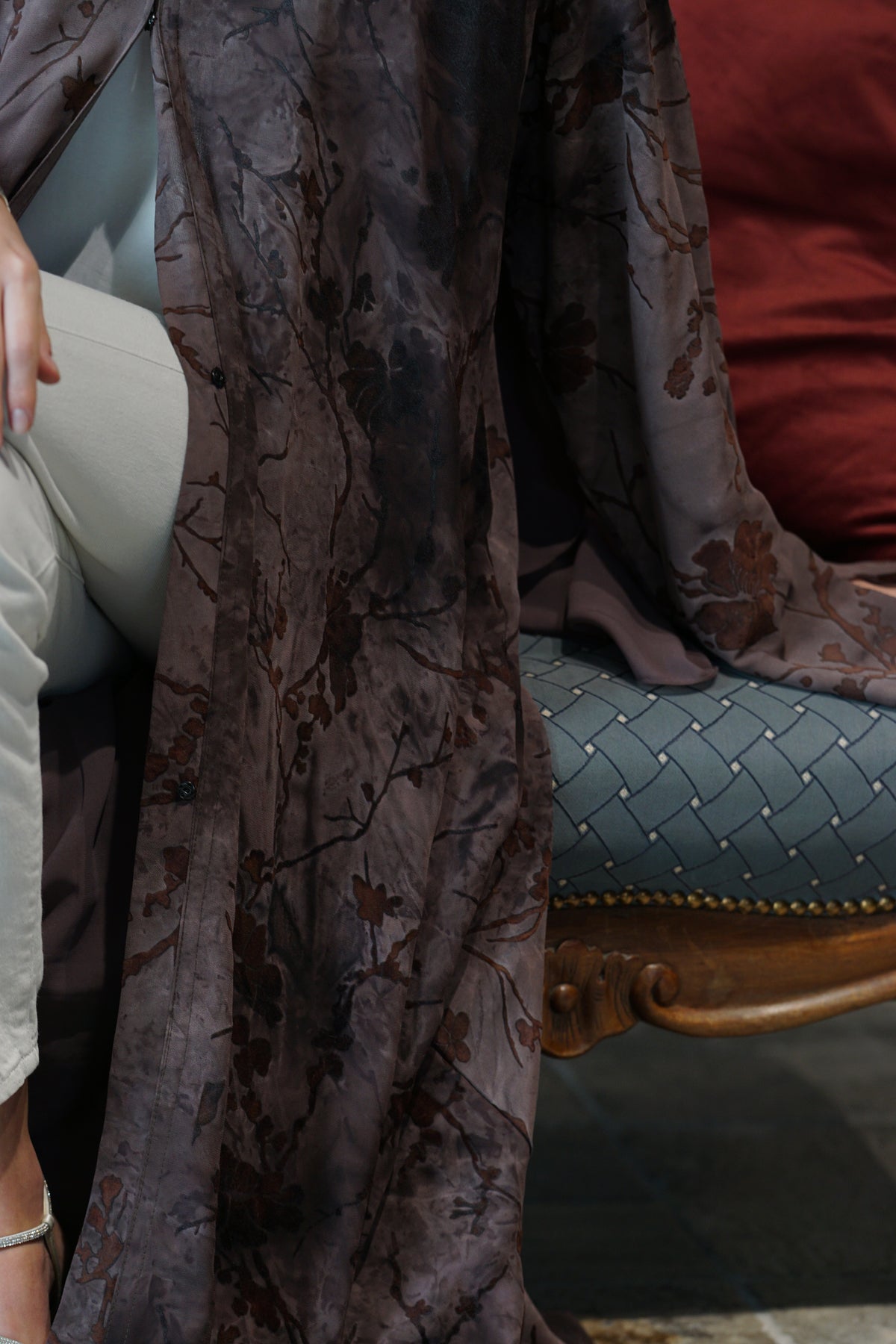 Close-up of Autumn Rose Abaya brown botanical detailing