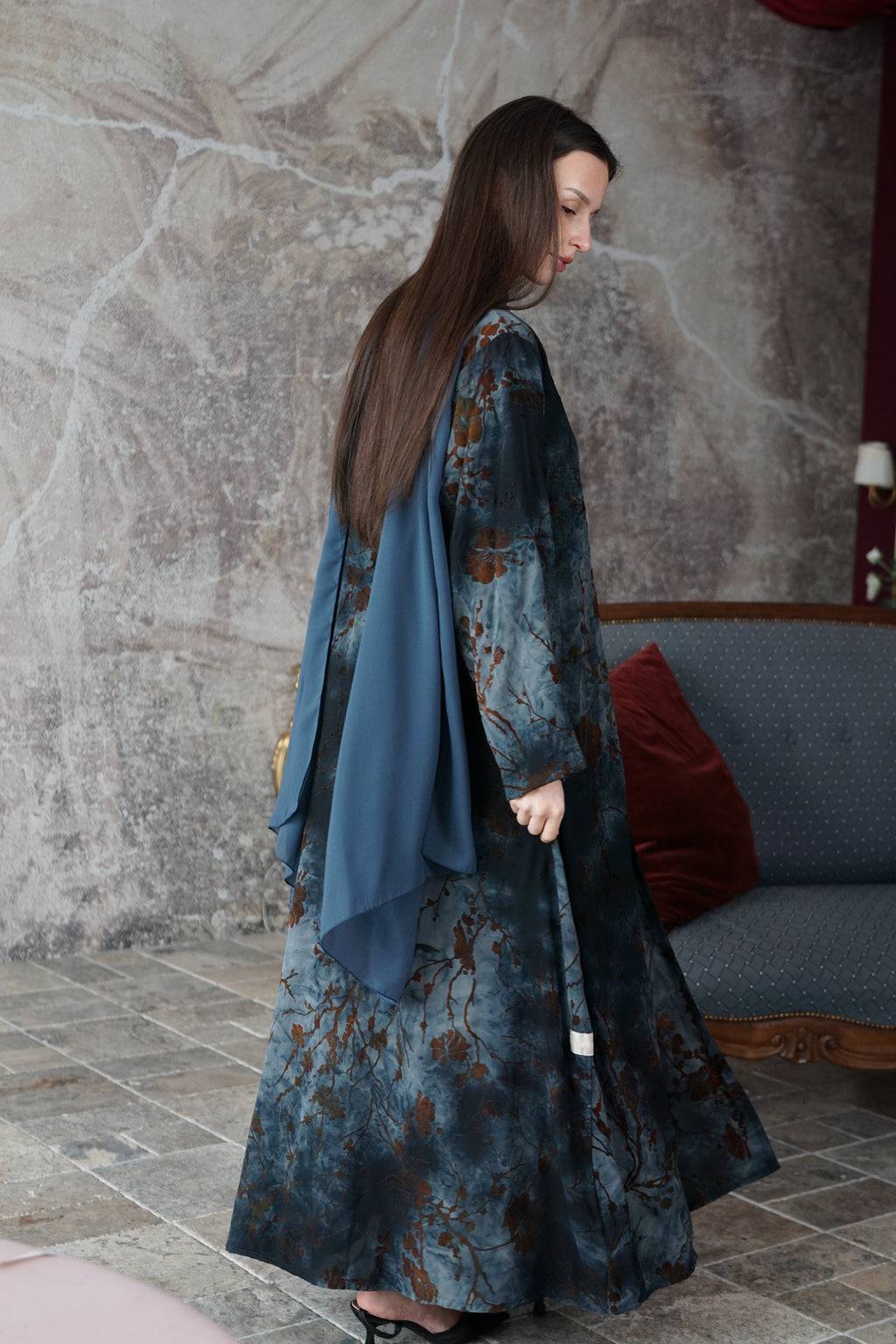 Full-length Autumn Sky dusty blue patterned abaya