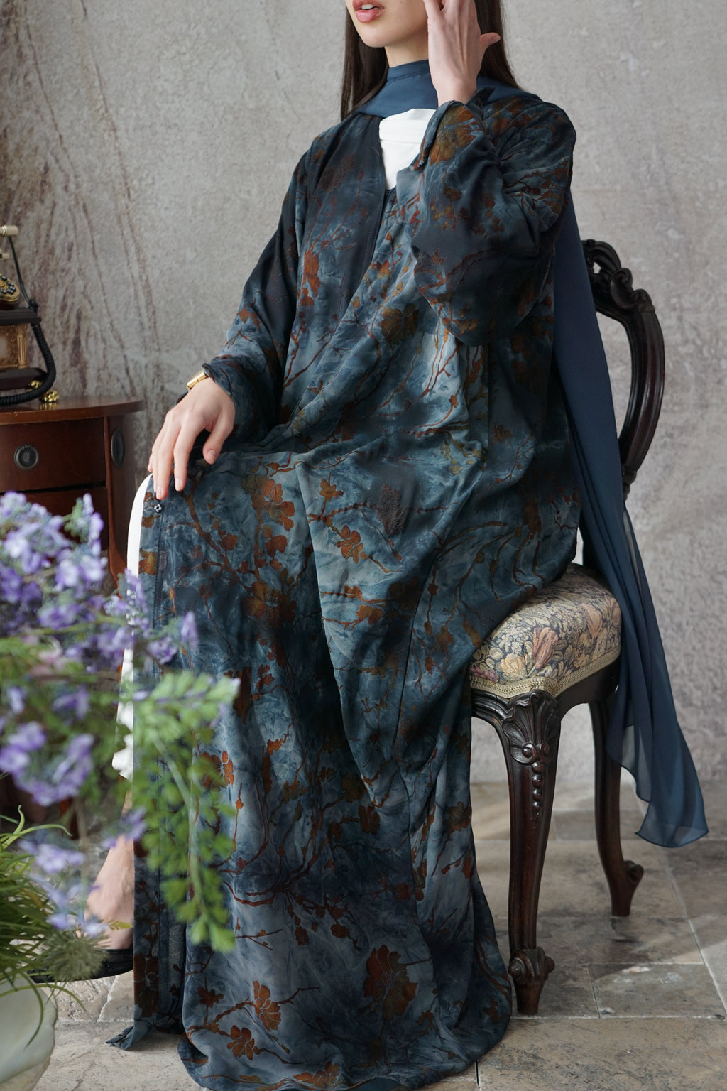 Autumn Sky dusty blue abaya with rust botanical detailing and matching sheila