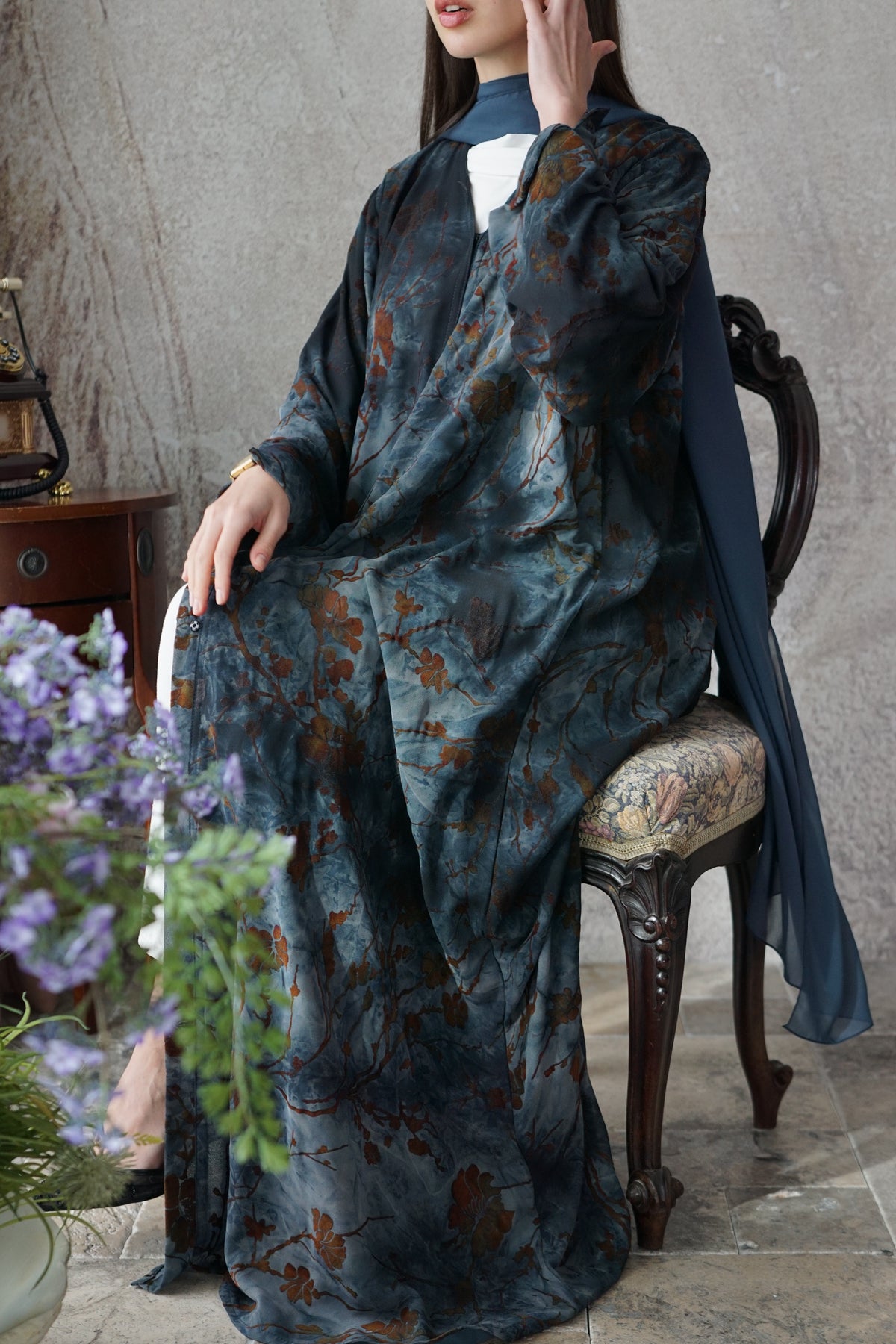 Autumn Sky dusty blue abaya with rust botanical detailing and matching sheila