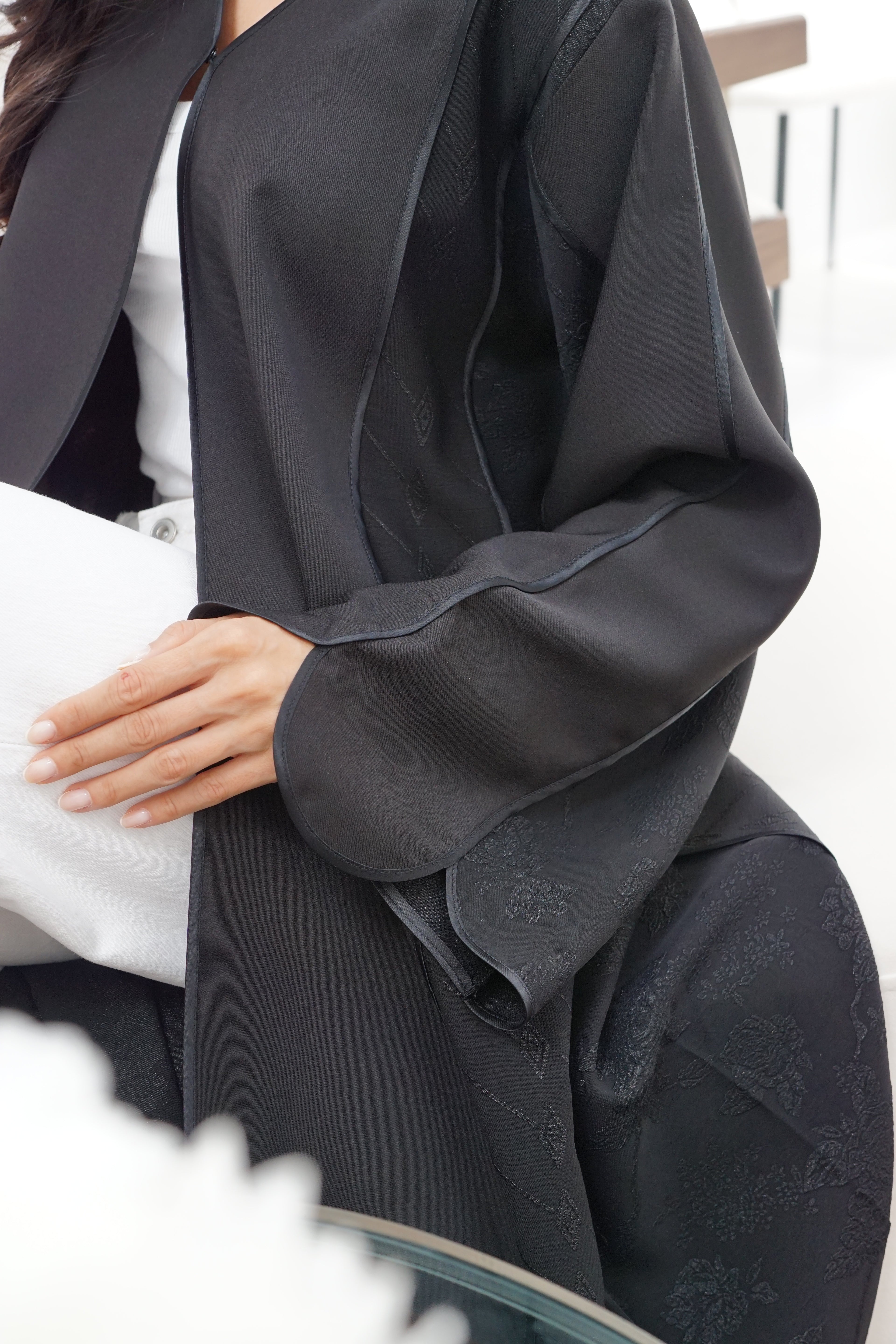 Black Textured Open-Front Abaya