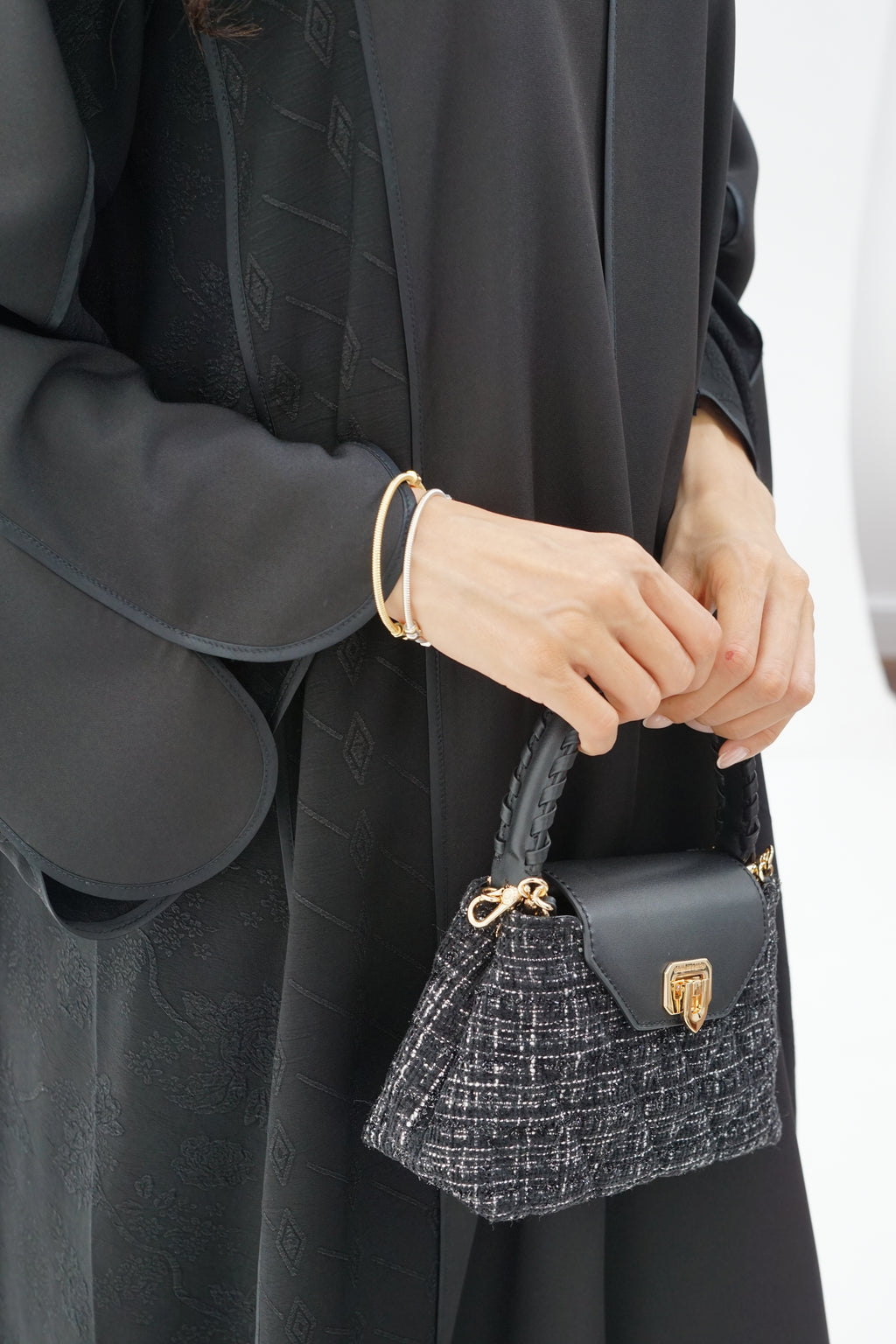 Black Textured Open-Front Abaya