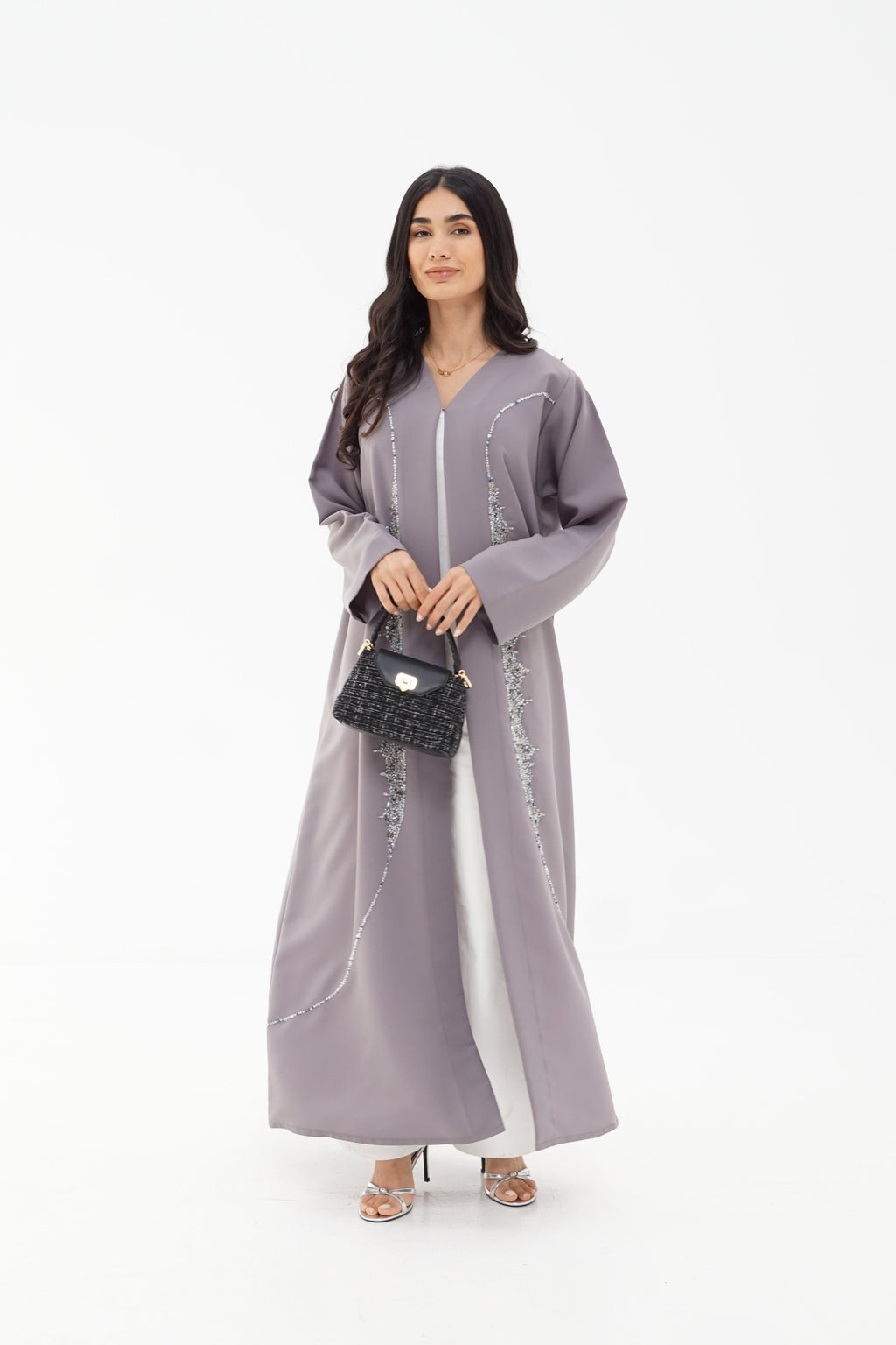 Grey Crystal-Trim Open-Front Abaya
